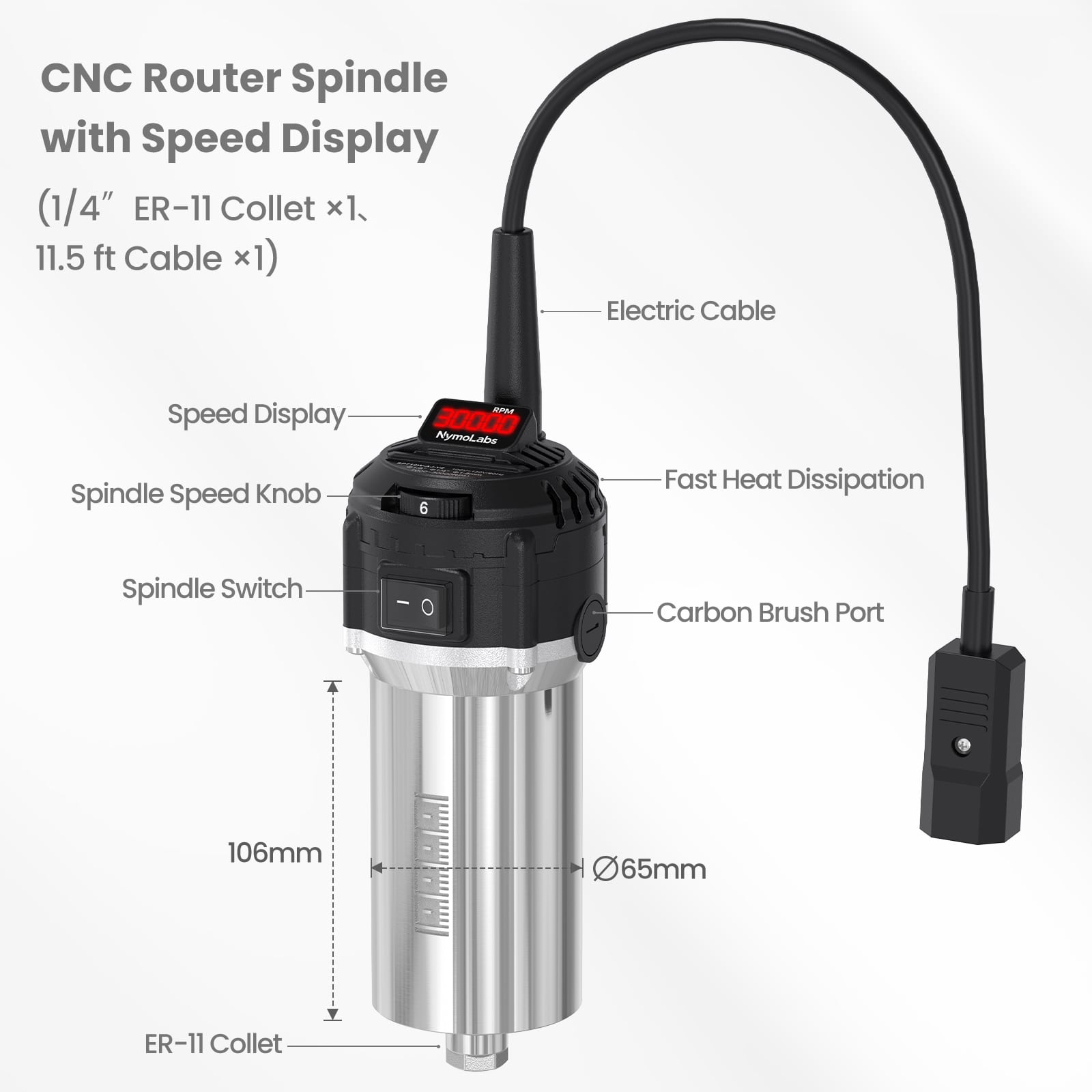 710W CNC Spindle Motor with Speed Display, 6-Speed Adjustable, 7000–30000 RPM, 65mm Diameter, 1/4
